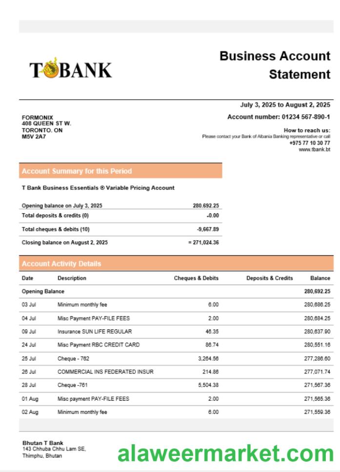 T bank business bank statement Word and PDF format